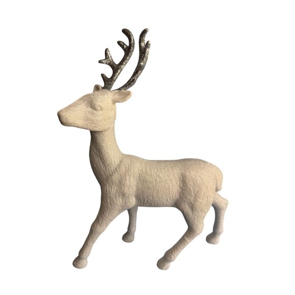 Glittery White Flocked Reindeer Figurine With Silver Antlers - Picture 8 of 8